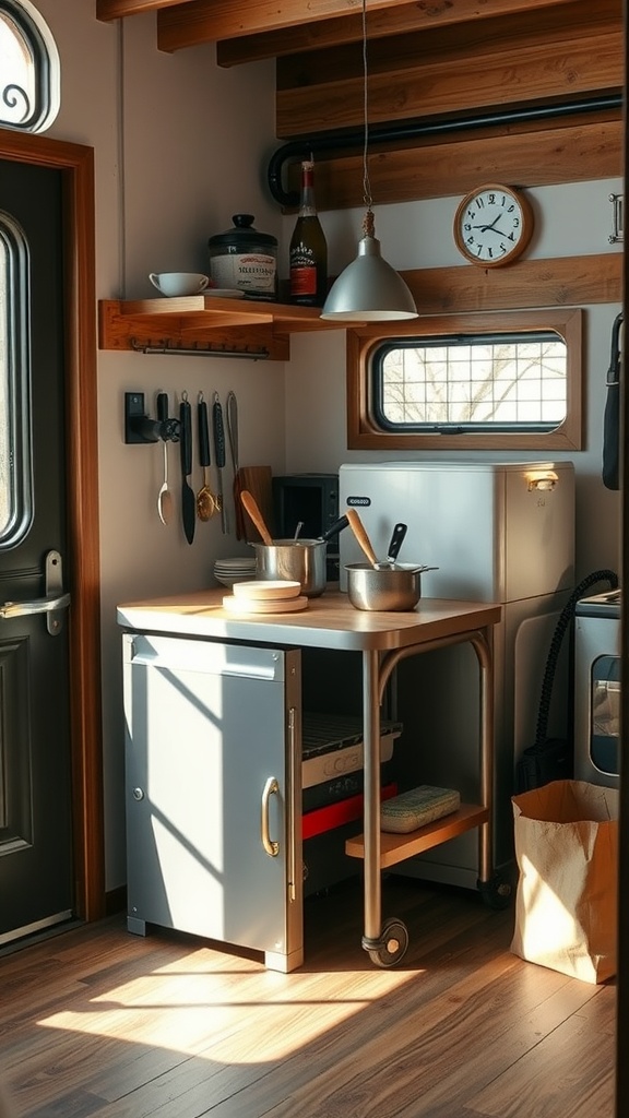 A compact portable cooking station in a tiny kitchen, featuring a cart with pots and kitchen tools.