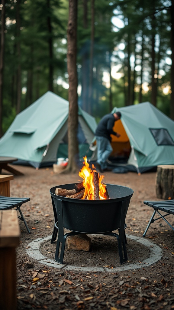 A portable fire pit surrounded by camping tents and chairs, with flames visible.