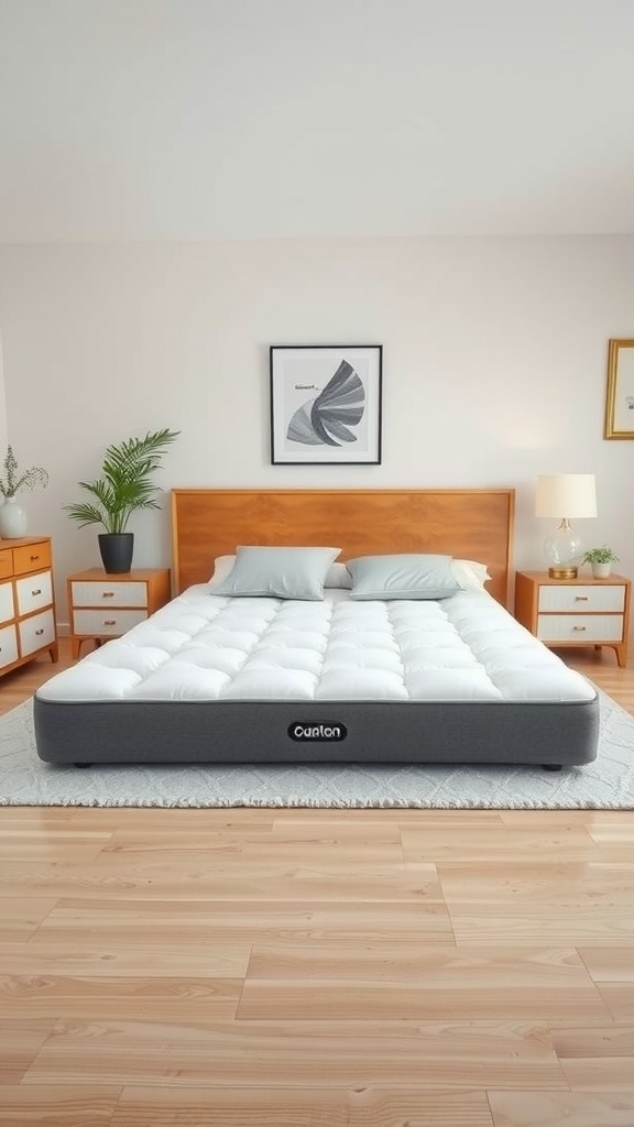 A portable folding mattress in a stylish bedroom with wooden furniture and decor.