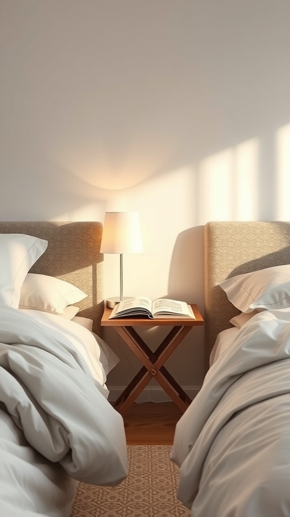 A cozy bedroom with two beds and a portable folding nightstand in between, featuring a lamp and an open book.