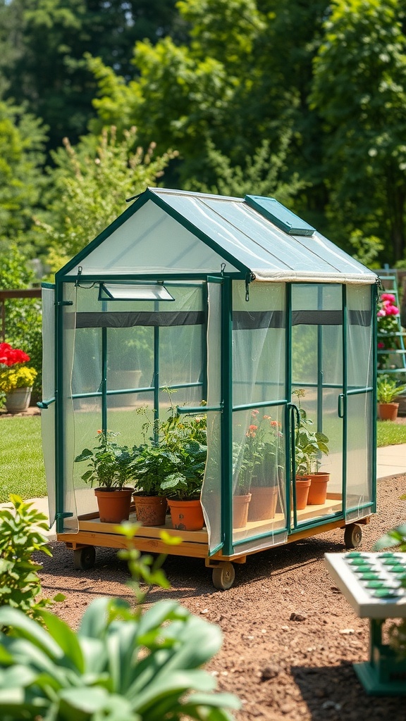 A portable greenhouse with plants on wheels in a backyard.
