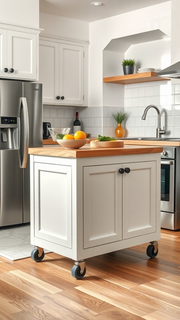 A portable kitchen island on wheels with a wooden top and white cabinetry, placed in a modern kitchen.