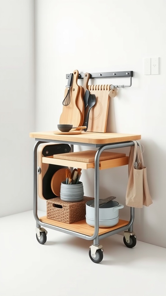 A portable kitchen cart with a wooden top, storage baskets, and hanging utensils against a white wall.