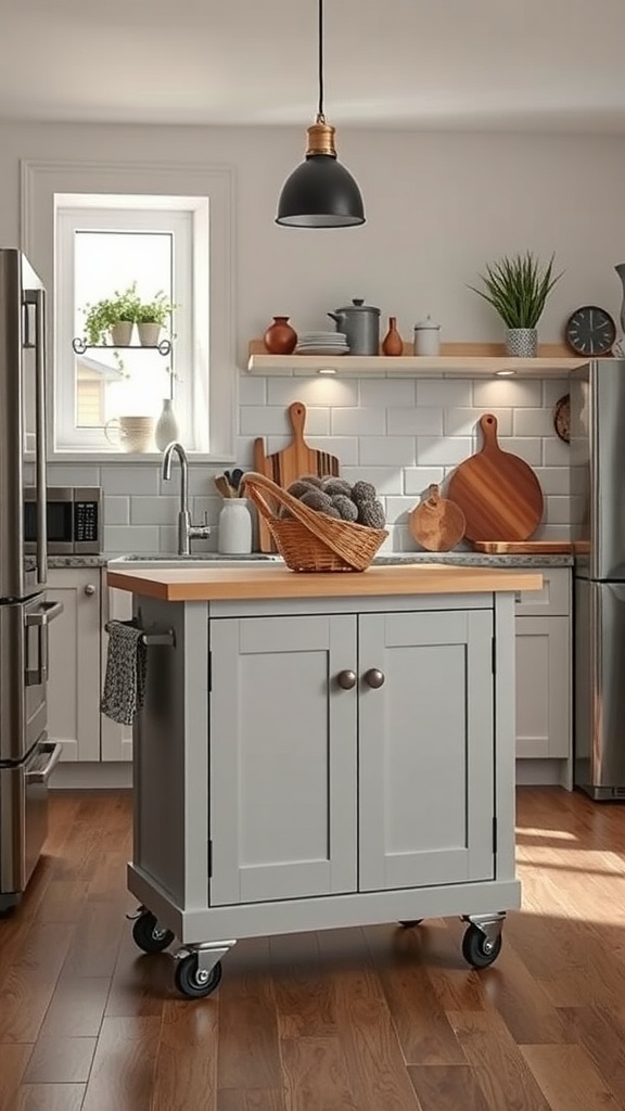 A portable gray kitchen island with wooden top and wheels in a bright kitchen