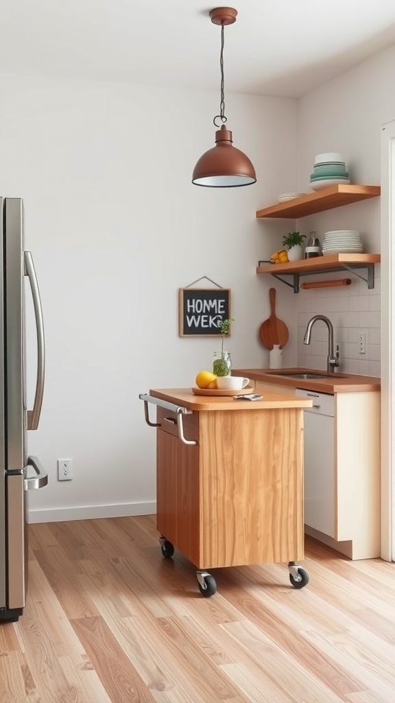 A portable wooden kitchen island on wheels in a small kitchen with a modern design.