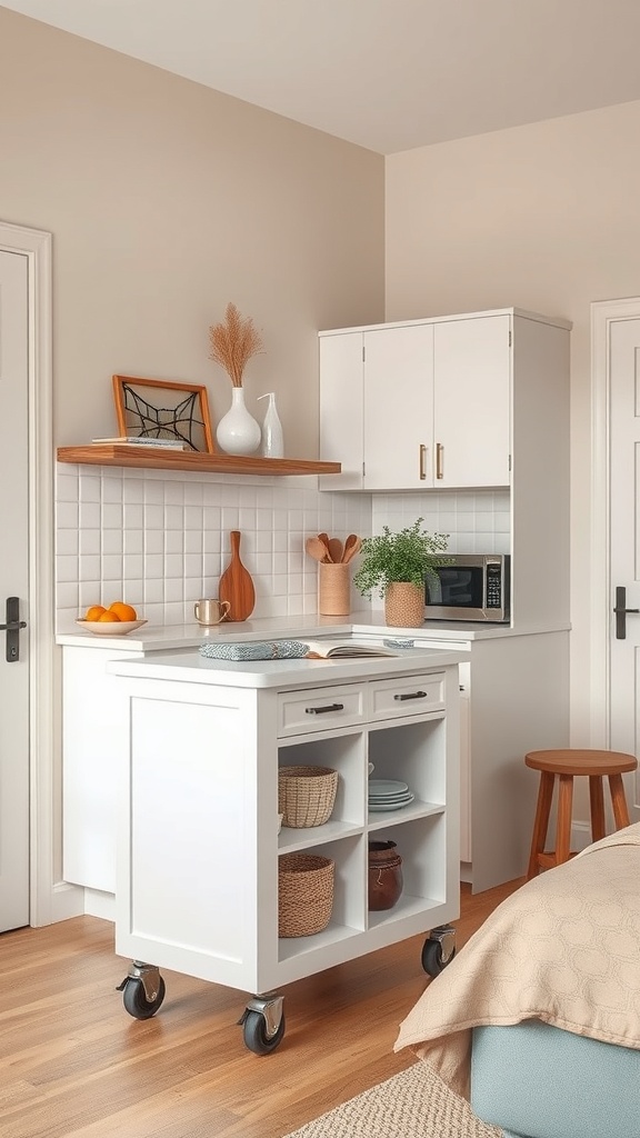 A portable kitchen island on wheels in a small kitchen setting.