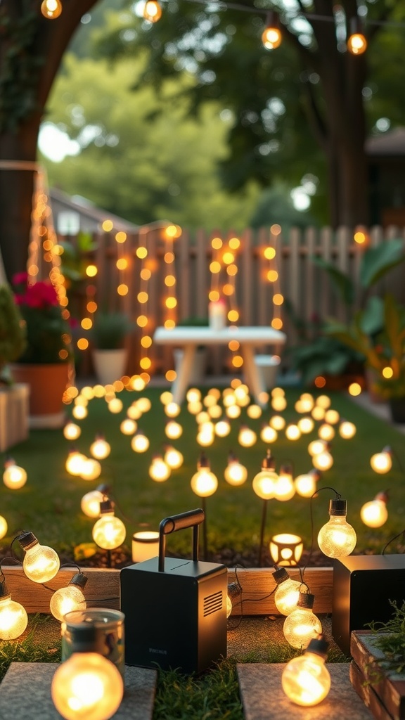 A cozy backyard scene with portable LED lights scattered across the grass, creating a warm atmosphere.