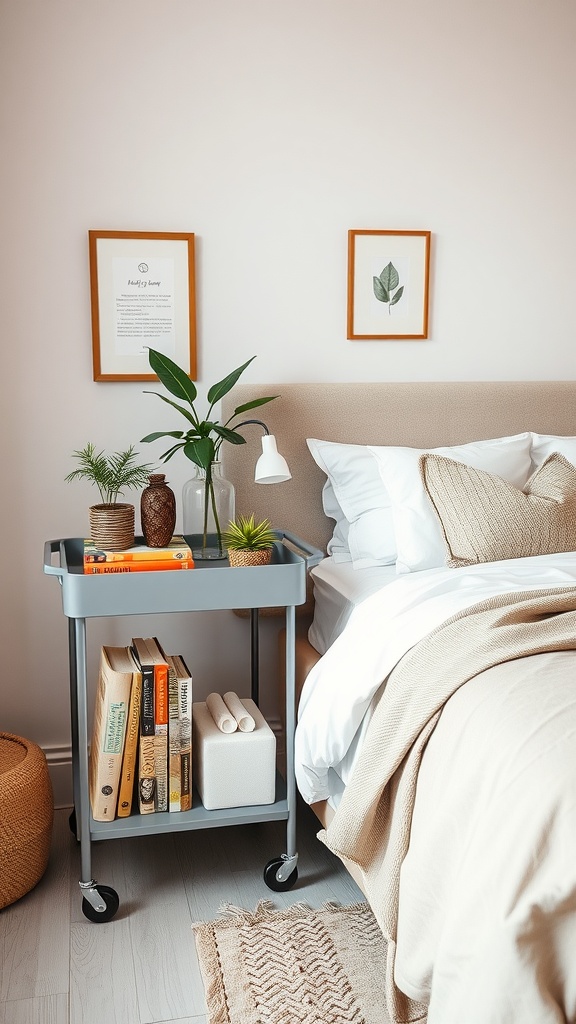 A gray portable storage cart beside a bed, holding books and decorative items.