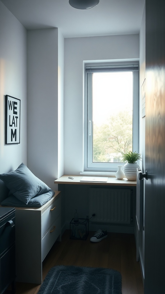 A long narrow bedroom with a desk positioned by the window, featuring a cozy setup.