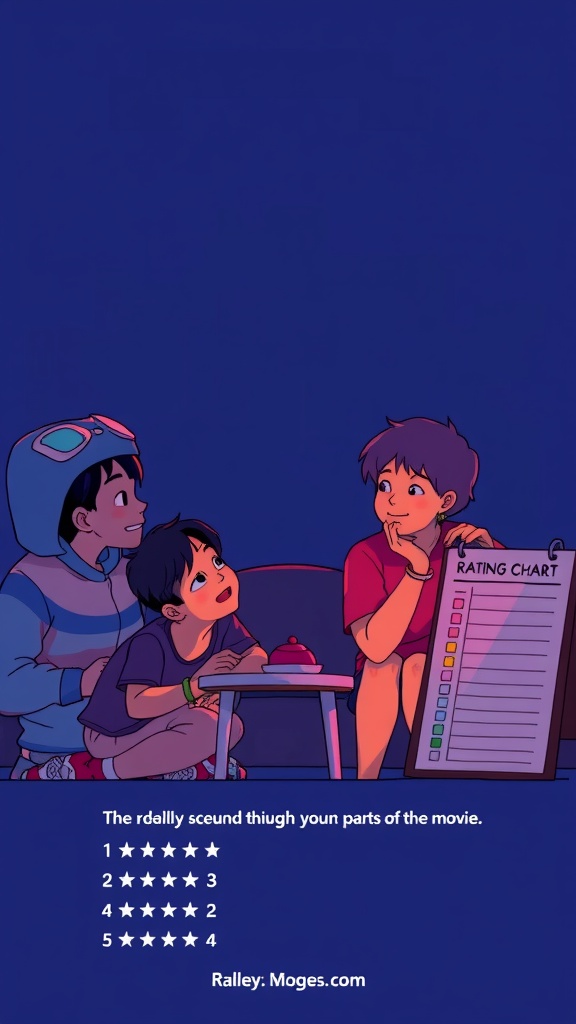 Kids discussing a movie with a rating chart.
