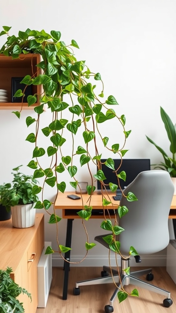 A lush Pothos plant trailing down from a wooden shelf in a modern office setting.