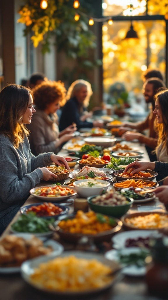 A group of people enjoying a potluck meal at a long table filled with various dishes.