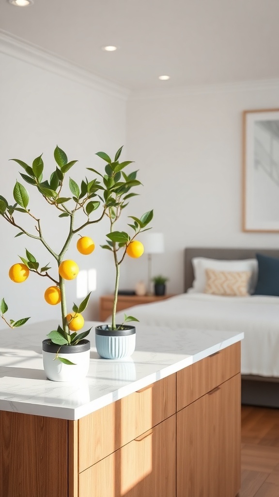 Two potted citrus trees with bright yellow fruit on a kitchen island countertop