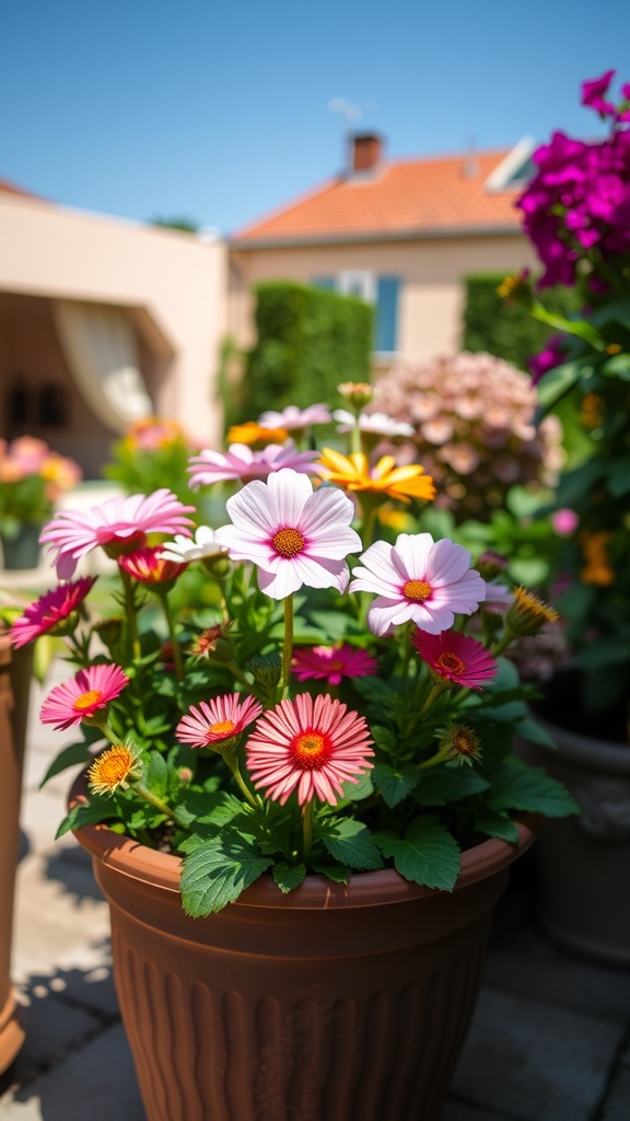 A colorful potted flower arrangement featuring pink daisies, yellow gerberas, and lush green leaves, set in a sunny garden.