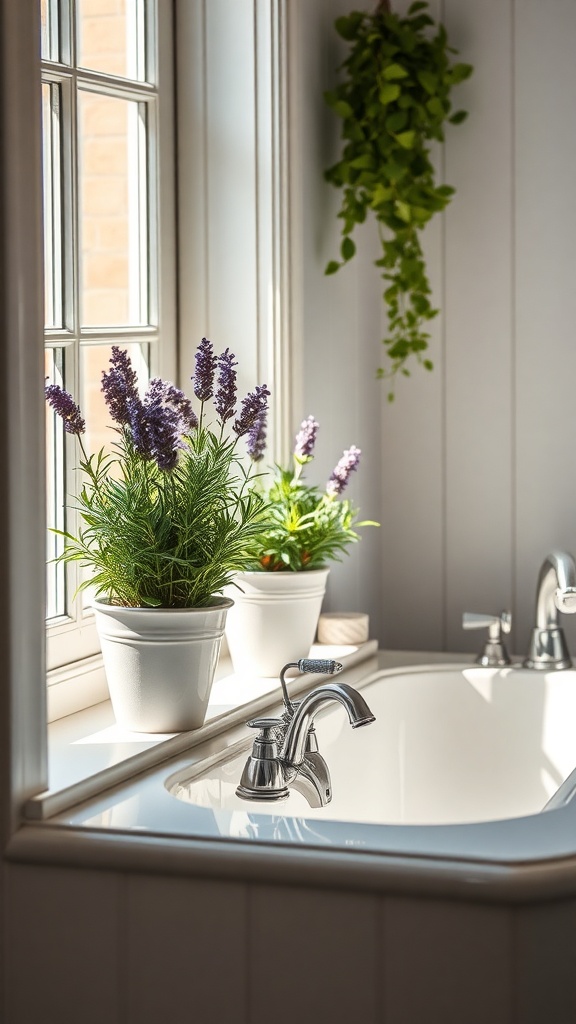 A bright bathroom window with potted lavender and green plants, creating a fresh and inviting atmosphere.
