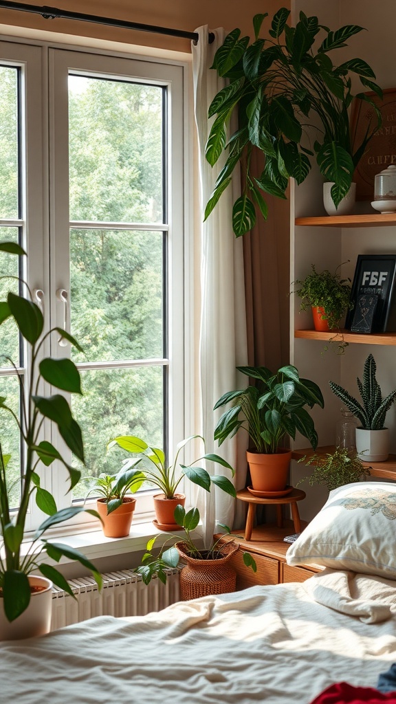 A cozy bedroom with large windows, featuring various potted indoor plants on the window sill and a shelf.