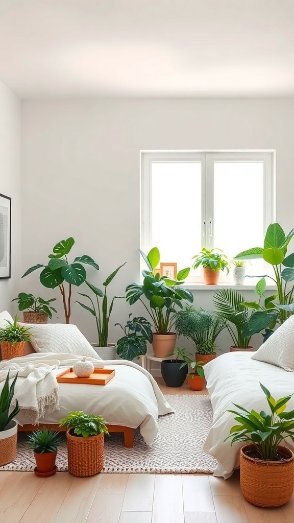 A cozy cottagecore bedroom filled with various potted plants and greenery, featuring soft bedding and natural light.