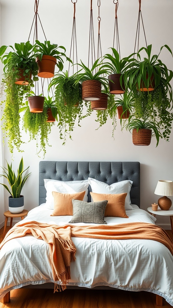 A bedroom featuring hanging potted plants above the bed, creating a serene and natural atmosphere.