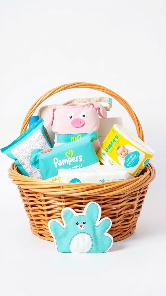 A wicker basket filled with diapering essentials like diapers, wipes, and a cute pig toy, ideal for a baby shower gift.