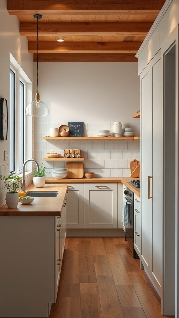 Cozy kitchen with wooden serving counter and open design