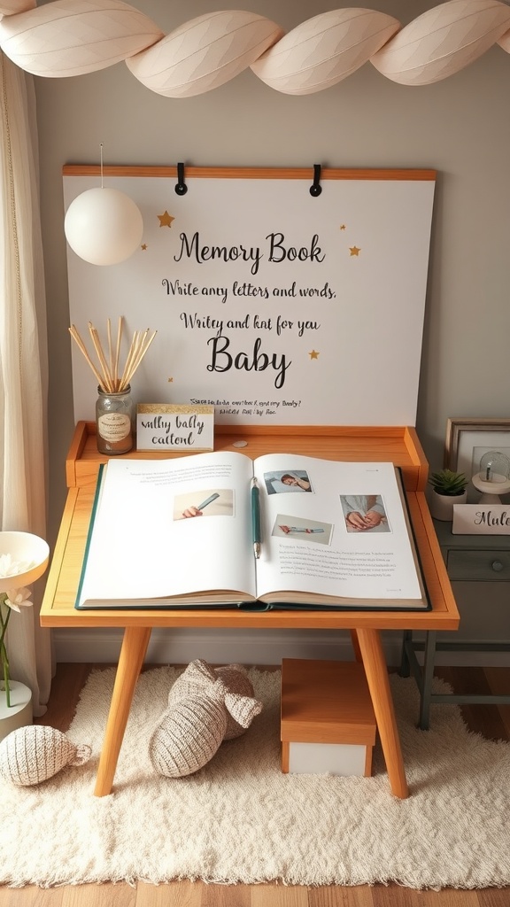 A cozy memory book station at a baby shower with an open book, colorful pens, and a welcoming sign.