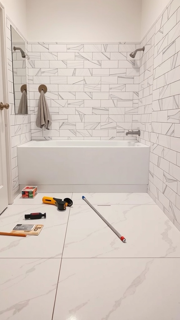 A bathroom floor preparation scene with tools and materials for installing peel and stick tiles.