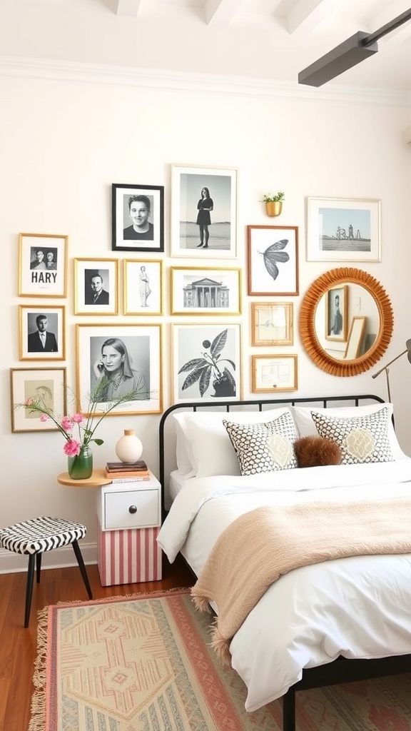 A stylish preppy bedroom featuring a gallery wall with various framed pictures and a round mirror.