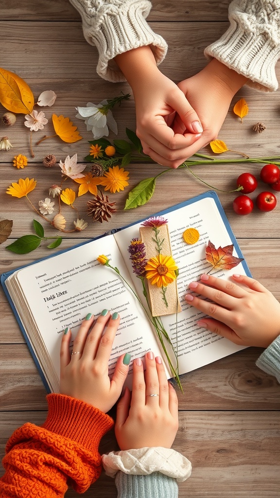 Hands placing pressed flowers on a bookmark next to an open book and scattered leaves on a table.
