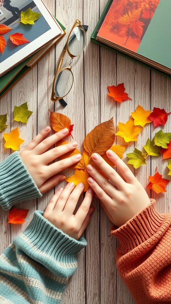 Two pairs of hands arranging colorful pressed leaves on a wooden table with books and glasses.