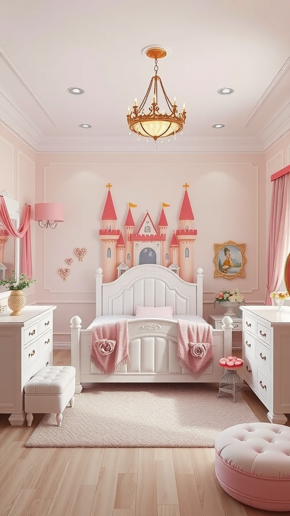 A beautifully decorated princess-themed bedroom featuring a castle bed, pink walls, and elegant furniture.