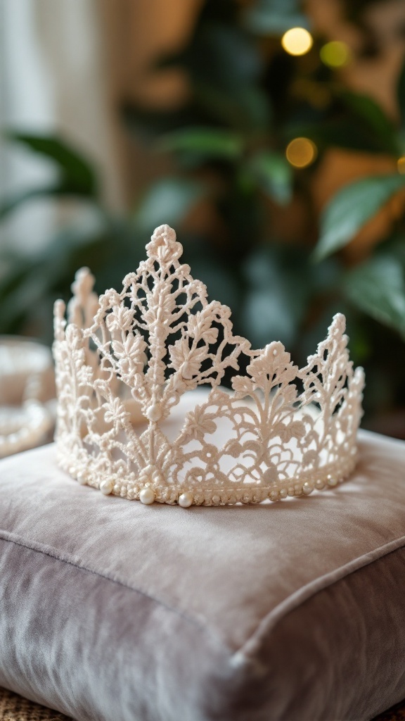 A delicate lace crochet crown with an intricate design, adorned with small pearls, resting on a plush pillow.