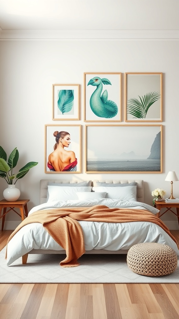 A cozy bedroom with a mix of framed printable art, including a portrait, tropical leaves, and a scenic view.