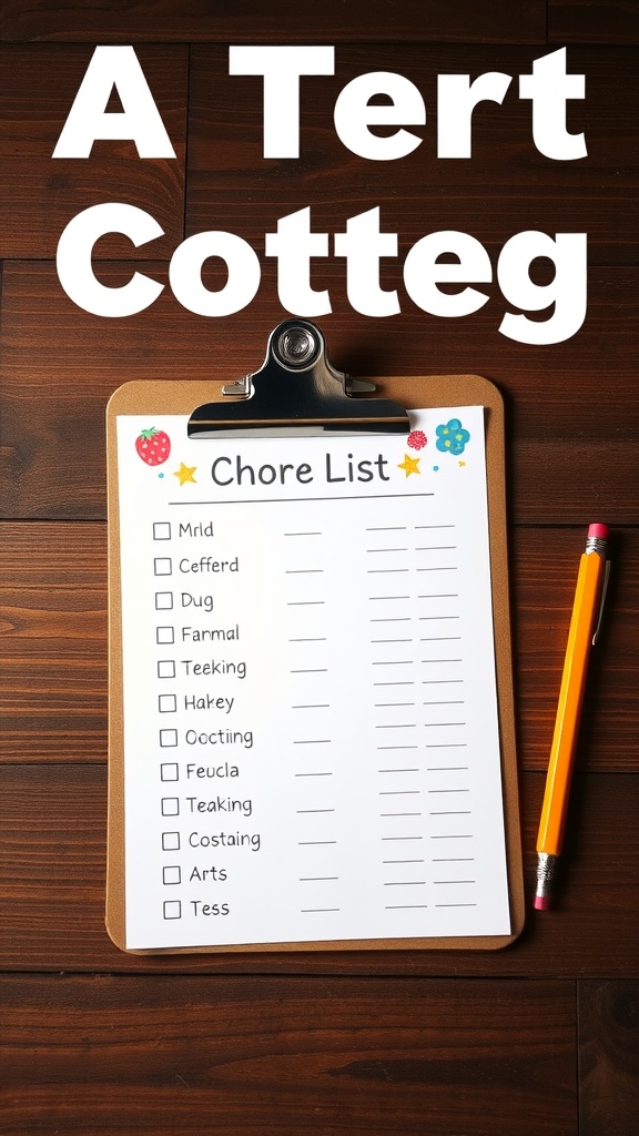 A colorful chore list printed on a clipboard with a pencil beside it.