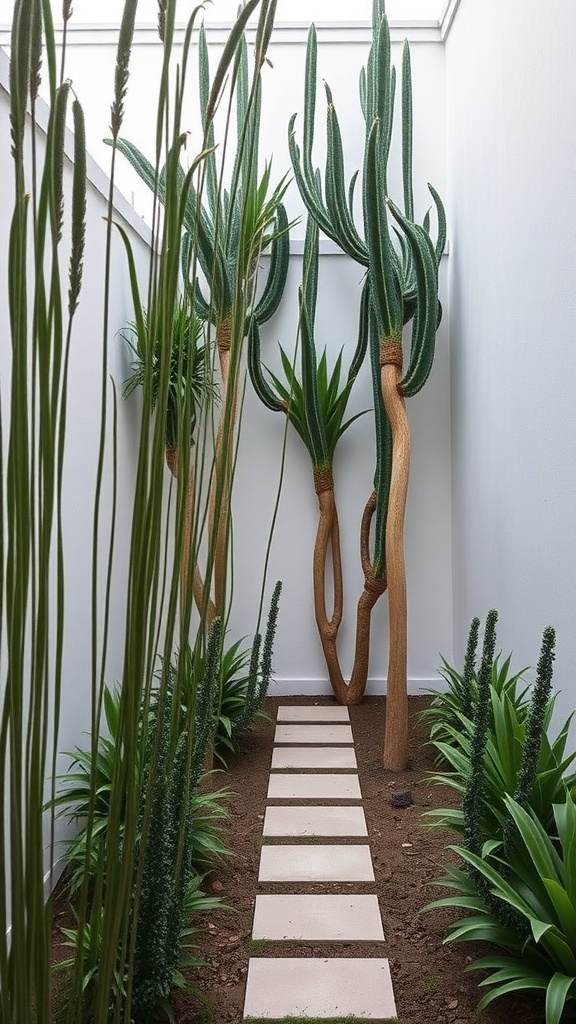 A modern minimalist small courtyard garden featuring tall cacti, greenery, and a stone path.