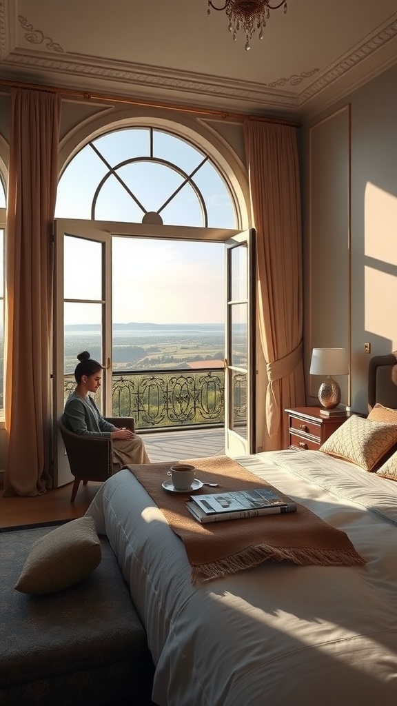 A beautifully designed bedroom with large arched windows, revealing a private balcony with a scenic view.