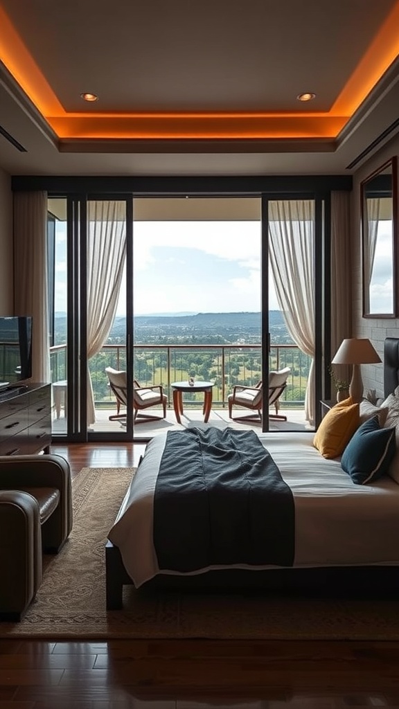 Luxurious bedroom with a view, featuring a private balcony and elegant decor.