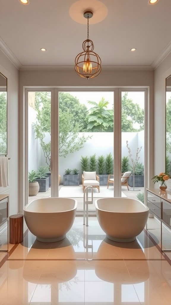 A luxurious bathroom with two bathtubs and a serene outdoor space visible through glass doors.