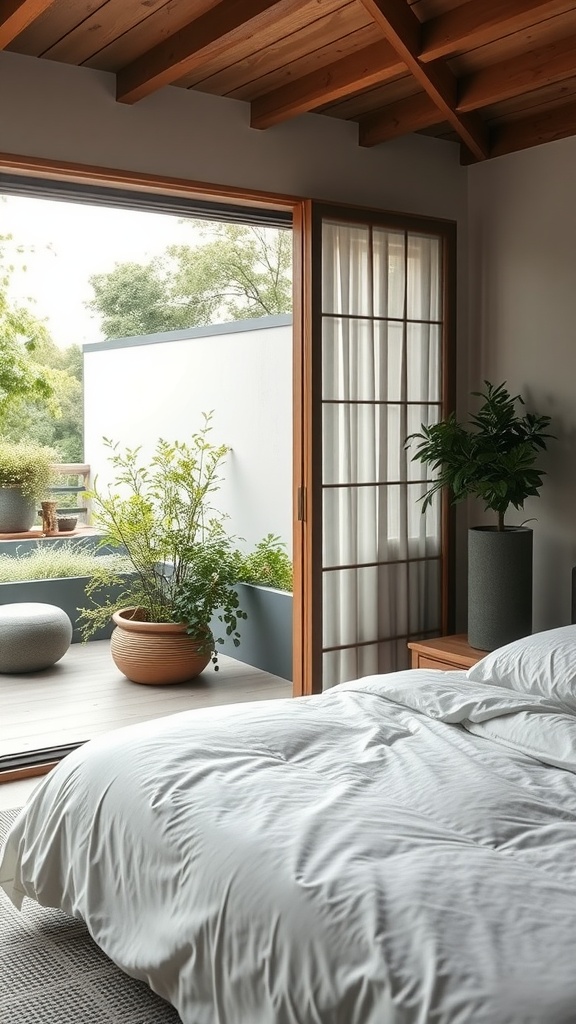 A cozy bedroom with a view of a private outdoor space filled with plants.