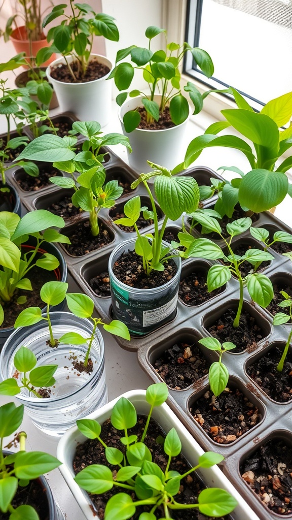 A collection of various houseplants in different containers, some in water and others in soil, illustrating propagation methods.