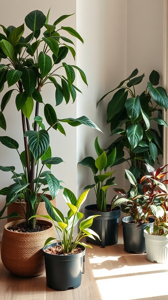 A collection of various black house plants in pots, showcasing different textures and leaf shapes in a sunny room.