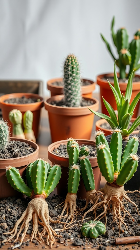 Various cacti plants in pots, featuring different shapes and sizes with visible roots and soil.