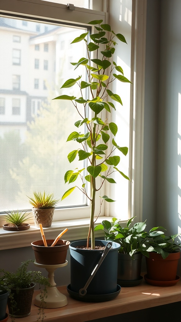 A tall house plant by the window, surrounded by smaller plants.