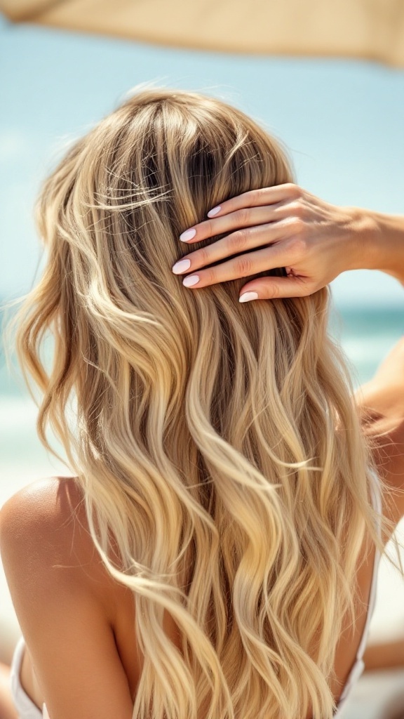 A close-up of long, wavy blonde hair being touched by a hand, with a beach background.