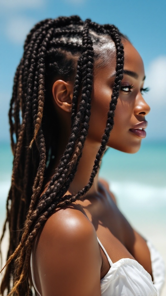 A woman with protective box braids standing near the beach