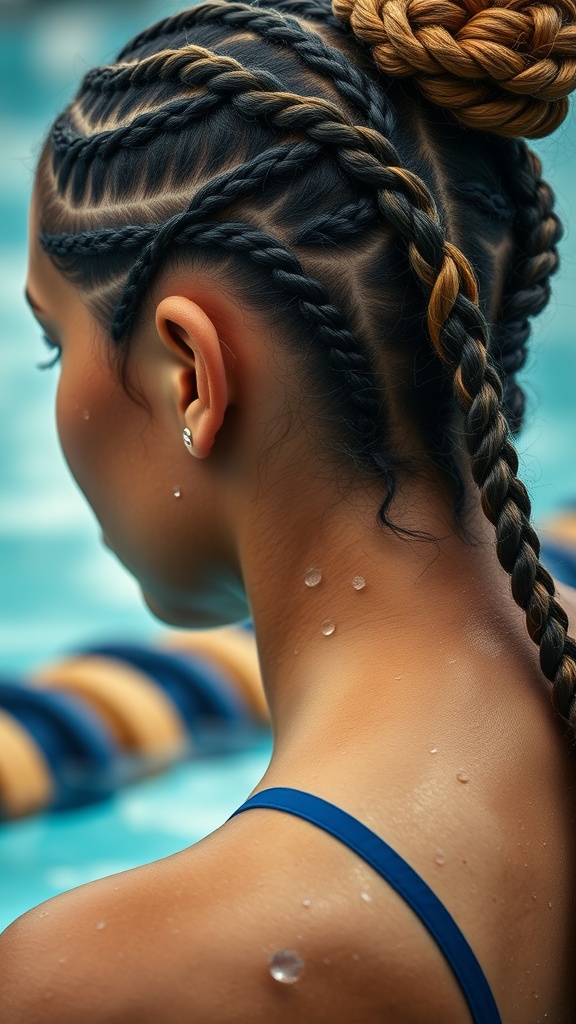 A close-up of a person with braided hair styled for swimming, showing intricate patterns and a bun.