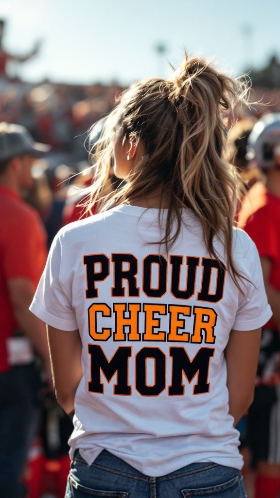 A woman wearing a white shirt that says 'Proud Cheer Mom' on the back, standing in a crowd at a sports event.