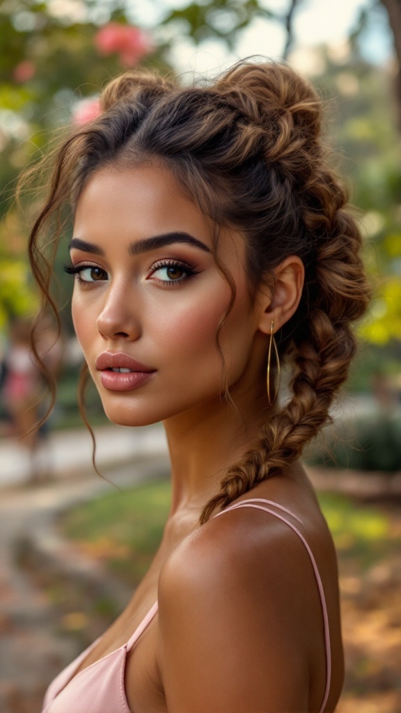 A woman showcasing a puff hairstyle with a side braid, highlighting natural beauty and style