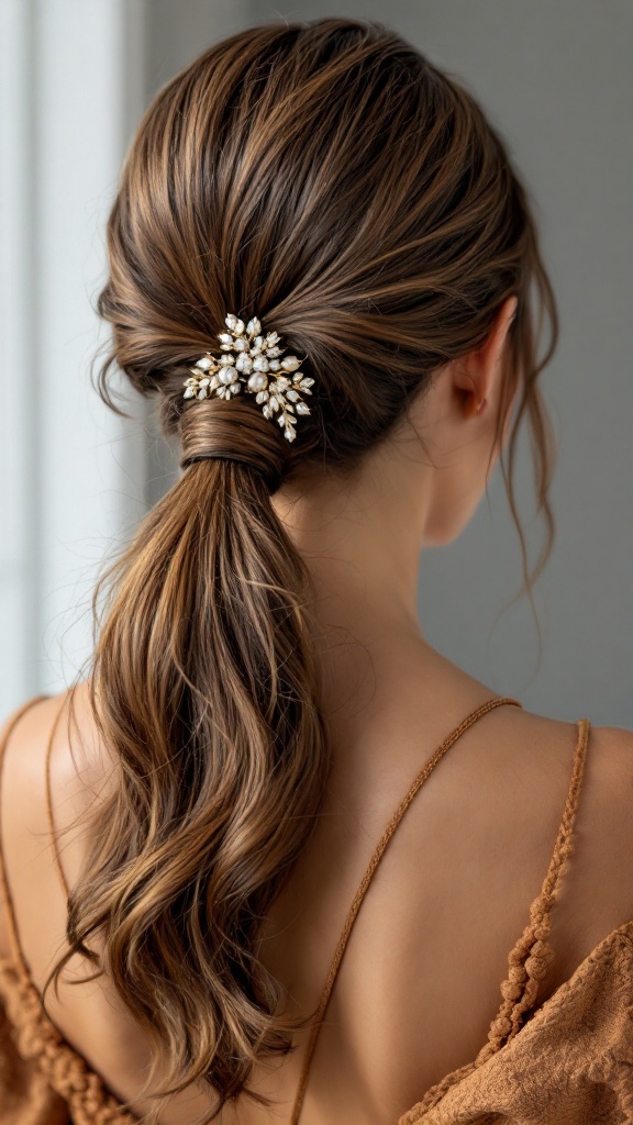 A hairstyle featuring a puffed ponytail adorned with a decorative hairpin.