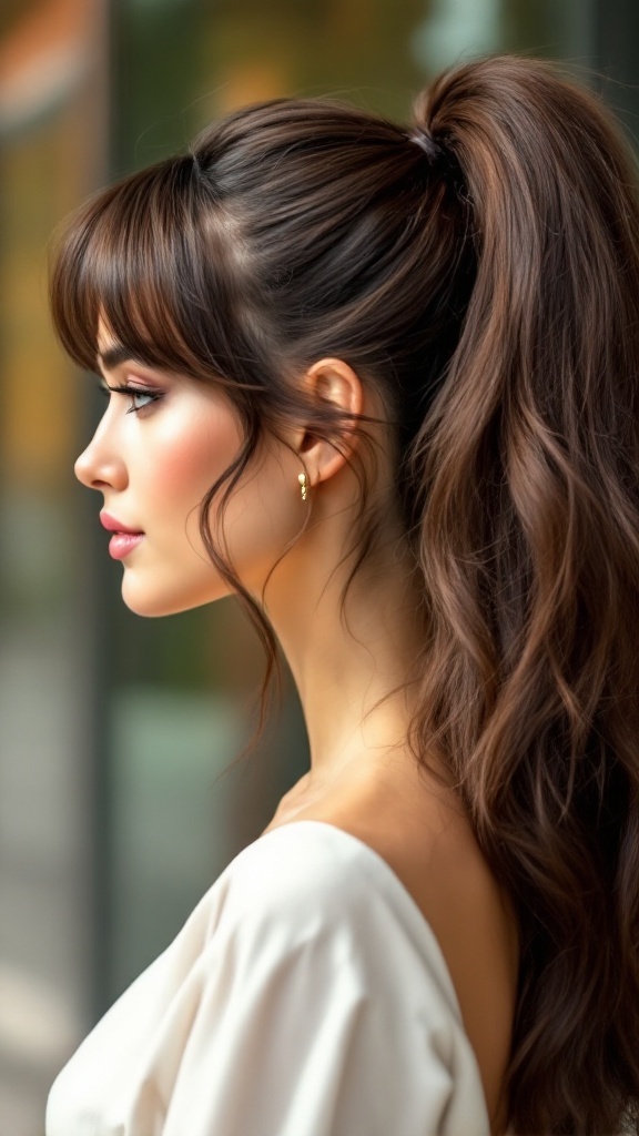 A woman with long, thick hair styled in a puffed ponytail with side bangs, showcasing a chic and playful look.