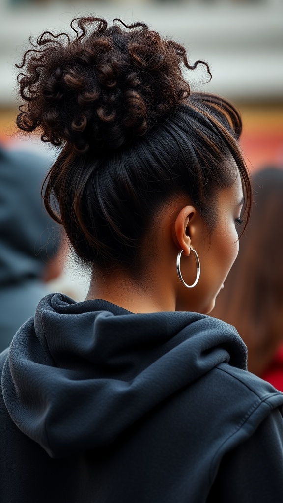 A woman with curly hair styled in a high bun, wearing a dark hoodie.